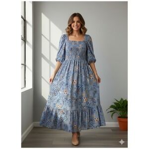 Vici Maxi Dress Womens Medium Blue Floral 3/4 Sleeve Square Neckline Dress